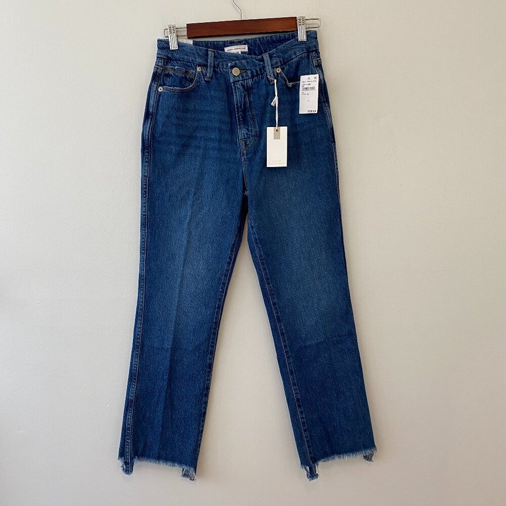 Good American Good Curve Straight Jeans Size 2/ 26 Dark Wash Raw Hem